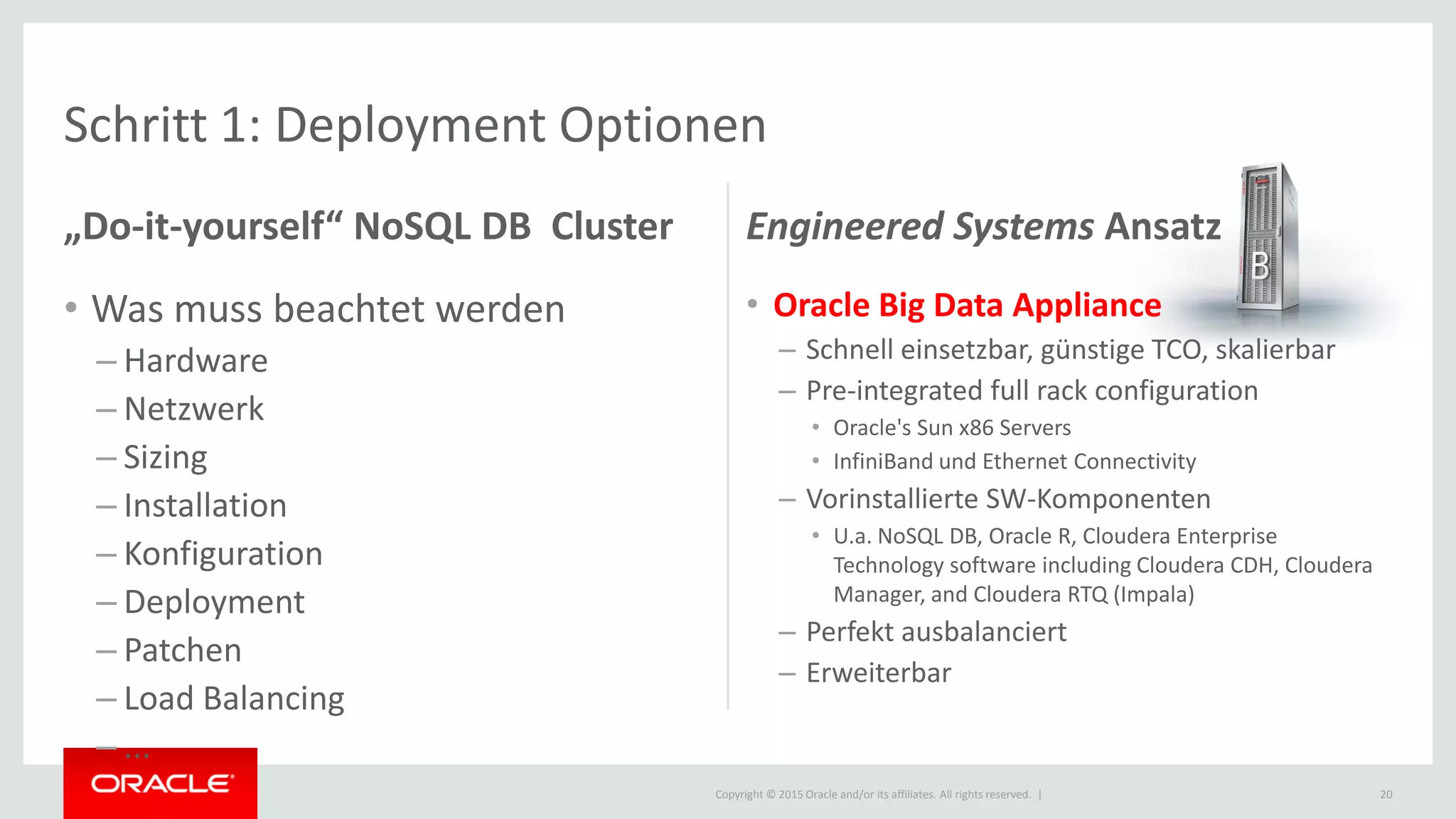 Copyright © 2015 Oracle and/or its affiliates. All rights reserved. |
Schritt 1: Deployment Optionen
„Do-it-yourself“ NoSQL DB Cluster
• Was muss beachtet werden
– Hardware
– Netzwerk
– Sizing
– Installation
– Konfiguration
– Deployment
– Patchen
– Load Balancing
– ...
Engineered Systems Ansatz
• Oracle Big Data Appliance
– Schnell einsetzbar, günstige TCO, skalierbar
– Pre-integrated full rack configuration
• Oracle's Sun x86 Servers
• InfiniBand und Ethernet Connectivity
– Vorinstallierte SW-Komponenten
• U.a. NoSQL DB, Oracle R, Cloudera Enterprise
Technology software including Cloudera CDH, Cloudera
Manager, and Cloudera RTQ (Impala)
– Perfekt ausbalanciert
– Erweiterbar
20
 