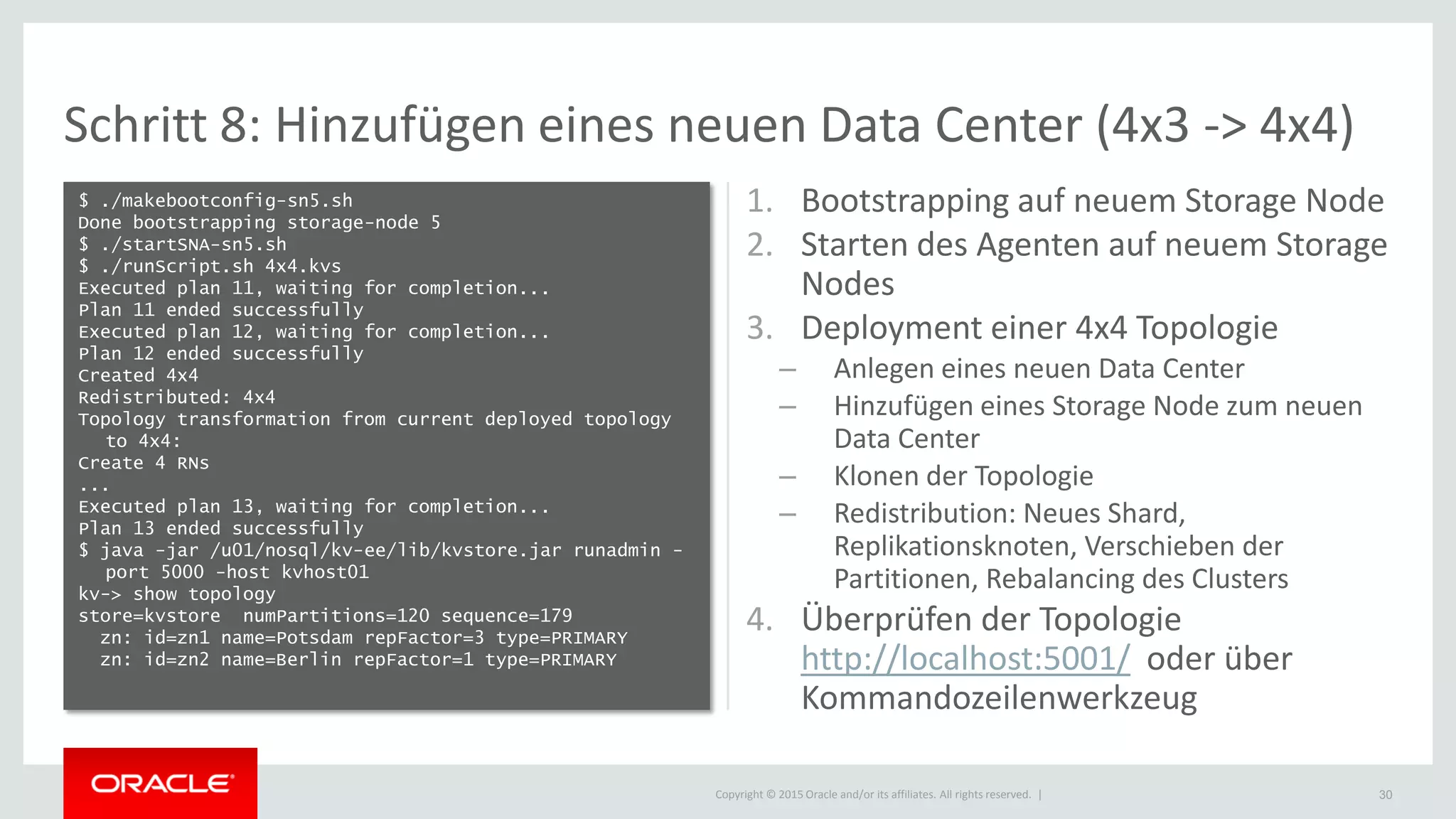 Copyright © 2015 Oracle and/or its affiliates. All rights reserved. |
Schritt 8: Hinzufügen eines neuen Data Center (4x3 -> 4x4)
$ ./makebootconfig-sn5.sh
Done bootstrapping storage-node 5
$ ./startSNA-sn5.sh
$ ./runScript.sh 4x4.kvs
Executed plan 11, waiting for completion...
Plan 11 ended successfully
Executed plan 12, waiting for completion...
Plan 12 ended successfully
Created 4x4
Redistributed: 4x4
Topology transformation from current deployed topology
to 4x4:
Create 4 RNs
...
Executed plan 13, waiting for completion...
Plan 13 ended successfully
$ java -jar /u01/nosql/kv-ee/lib/kvstore.jar runadmin -
port 5000 -host kvhost01
kv-> show topology
store=kvstore numPartitions=120 sequence=179
zn: id=zn1 name=Potsdam repFactor=3 type=PRIMARY
zn: id=zn2 name=Berlin repFactor=1 type=PRIMARY
30
1. Bootstrapping auf neuem Storage Node
2. Starten des Agenten auf neuem Storage
Nodes
3. Deployment einer 4x4 Topologie
– Anlegen eines neuen Data Center
– Hinzufügen eines Storage Node zum neuen
Data Center
– Klonen der Topologie
– Redistribution: Neues Shard,
Replikationsknoten, Verschieben der
Partitionen, Rebalancing des Clusters
4. Überprüfen der Topologie
http://localhost:5001/ oder über
Kommandozeilenwerkzeug
 