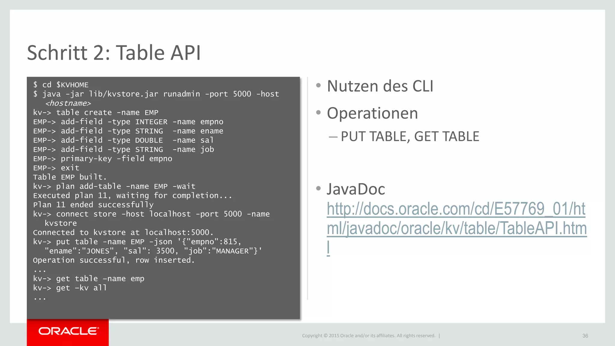 Copyright © 2015 Oracle and/or its affiliates. All rights reserved. |
Schritt 2: Table API
$ cd $KVHOME
$ java -jar lib/kvstore.jar runadmin -port 5000 -host
<hostname>
kv-> table create -name EMP
EMP-> add-field -type INTEGER -name empno
EMP-> add-field -type STRING -name ename
EMP-> add-field -type DOUBLE -name sal
EMP-> add-field -type STRING -name job
EMP-> primary-key -field empno
EMP-> exit
Table EMP built.
kv-> plan add-table -name EMP -wait
Executed plan 11, waiting for completion...
Plan 11 ended successfully
kv-> connect store -host localhost -port 5000 -name
kvstore
Connected to kvstore at localhost:5000.
kv-> put table -name EMP -json '{"empno":815,
"ename":"JONES", "sal": 3500, "job":"MANAGER"}'
Operation successful, row inserted.
...
kv-> get table –name emp
kv-> get –kv all
...
36
• Nutzen des CLI
• Operationen
– PUT TABLE, GET TABLE
• JavaDoc
http://docs.oracle.com/cd/E57769_01/ht
ml/javadoc/oracle/kv/table/TableAPI.htm
l
 