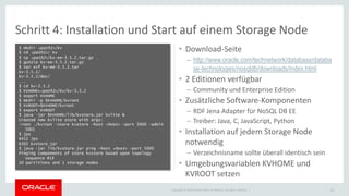 Copyright © 2015 Oracle and/or its affiliates. All rights reserved. |
Schritt 4: Installation und Start auf einem Storage Node
$ mkdir <path1>/kv
$ cd <path1>/ kv
$ cp <path2>/kv-ee-3.5.2.tar.gz .
$ gunzip kv-ee-3.5.2.tar.gz
$ tar xvf kv-ee-3.5.2.tar
kv-3.5.2/
kv-3.5.2/doc/
...
$ cd kv-3.5.2
$ KVHOME=<path1>/kv/kv-3.5.2
$ export KVHOME
$ mkdir –p $KVHOME/kvroot
$ KVROOT=$KVHOME/kvroot
$ export KVROOT
$ java –jar $KVHOME/lib/kvstore.jar kvlite &
Created new kvlite store with args:
-root ./kvroot -store kvstore -host <host> -port 5000 -admin
5001
$ jps
6412 Jps
6302 kvstore.jar
$ java -jar lib/kvstore.jar ping -host <host> -port 5000
Pinging components of store kvstore based upon topology
sequence #14
10 partitions and 1 storage nodes
24
• Download-Seite
– http://www.oracle.com/technetwork/database/databa
se-technologies/nosqldb/downloads/index.html
• 2 Editionen verfügbar
– Community und Enterprise Edition
• Zusätzliche Software-Komponenten
– RDF Jena Adapter für NoSQL DB EE
– Treiber: Java, C, JavaScript, Python
• Installation auf jedem Storage Node
notwendig
– Verzeichnisname sollte überall identisch sein
• Umgebungsvariablen KVHOME und
KVROOT setzen
 