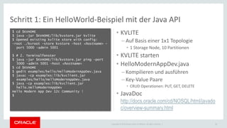 Copyright © 2015 Oracle and/or its affiliates. All rights reserved. |
Schritt 1: Ein HelloWorld-Beispiel mit der Java API
$ cd $KVHOME
$ java -jar $KVHOME/lib/kvstore.jar kvlite
$ Opened existing kvlite store with config:
-root ./kvroot -store kvstore -host <hostname> -
port 5000 -admin 5001
$ # 2. Terminalfenster
$ java -jar $KVHOME/lib/kvstore.jar ping -port
5000 -admin 5001 -host <hostname>
$ cd $KVHOME
$ gedit examples/hello/HelloModernAppDev.java
$ javac -cp examples:lib/kvclient.jar
examples/hello/HelloModernAppDev.java
$ java -cp examples:lib/kvclient.jar
hello.HelloModernAppDev
Hello Modern App Dev 12c Community !
$
35
• KVLITE
– Auf Basis einer 1x1 Topologie
• 1 Storage Node, 10 Partitionen
• KVLITE starten
• HelloModernAppDev.java
– Kompilieren und ausführen
– Key-Value Paare
• CRUD Operationen: PUT, GET, DELETE
• JavaDoc
http://docs.oracle.com/cd/NOSQL/html/javado
c/overview-summary.html
 