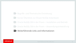 Copyright © 2015 Oracle and/or its affiliates. All rights reserved. |
1
2
3
4
Begriffe und Thematische Einordnung
Kurzer Überblick zur Oracle NoSQL Datenbank
Oracle NoSQL DB in der Praxis – Installation und Betrieb
Oracle NoSQL DB in der Praxis – Anwendungsentwicklung
Weiterführende Links und Informationen
45
5
 