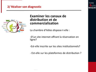 Examiner les canaux de
distribution et de
commercialisation
La chambre d’hôtes dispose-t-elle :
-D’un site internet offrant la réservation en
ligne?
-Est-elle inscrite sur les sites institutionnels?
- Est-elle sur les plateformes de distribution ?
2/ Réaliser son diagnostic
 