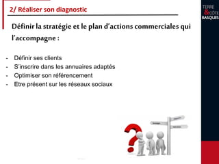 2/ Réaliser son diagnostic
Définirla stratégie et le plan d’actions commercialesqui
l’accompagne :
- Définir ses clients
- S’inscrire dans les annuaires adaptés
- Optimiser son référencement
- Etre présent sur les réseaux sociaux
 