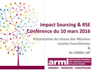 Impact Sourcing & RSE
Conférence du 10 mars 2016
ANIMER – INNOVER - CONSTRUIRE
Présentation du réseau des Missions
Locales Franciliennes
&
de l’ARML-IdF
 