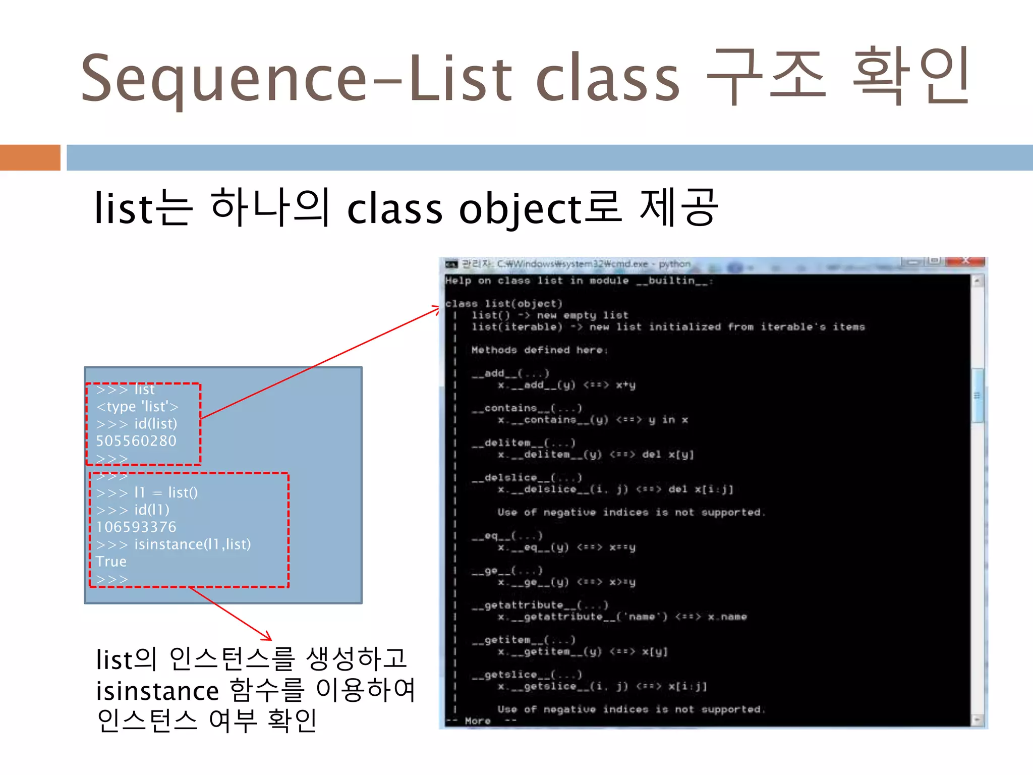 Sequence-List class 구조 확인
list는 하나의 class object로 제공
>>> list
<type 'list'>
>>> id(list)
505560280
>>>
>>>
>>> l1 = list()
>>> id(l1)
106593376
>>> isinstance(l1,list)
True
>>>
list의 인스턴스를 생성하고
isinstance 함수를 이용하여
인스턴스 여부 확인
 