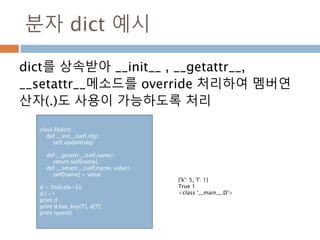 분자 dict 예시
dict를 상속받아 __init__ , __getattr__,
__setattr__메소드를 override 처리하여 멤버연
산자(.)도 사용이 가능하도록 처리
class D(dict) :
def __init__(self,obj) :
self.update(obj)
def __getattr__(self,name) :
return self[name]
def __setattr__(self,name, value) :
self[name] = value
d = D(dict(k=5))
d.l =1
print d
print d.has_key('l'), d['l']
print type(d)
{'k': 5, 'l': 1}
True 1
<class '__main__.D'>
 