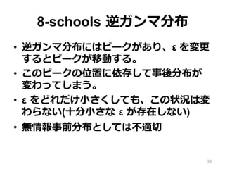 8-schools  逆ガンマ分布
•  逆ガンマ分布にはピークがあり、ε を変更更
するとピークが移動する。
•  このピークの位置に依存して事後分布が
変わってしまう。
•  ε  をどれだけ⼩小さくしても、この状況は変
わらない(⼗十分⼩小さな  ε  が存在しない)
•  無情報事前分布としては不不適切切
38
 