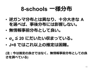 8-schools  ⼀一様分布
•  逆ガンマ分布とは異異なり、⼗十分⼤大きな  A  
を選べば、事後分布には影響しない。
•  無情報事前分布として良良い。
•  σα ≦ 20  にだいたい収まっている。
•  J=8 ではこれ以上の推定は困難。
(注：今は推定の良良さではなく、無情報事前分布としての良良
さを調べている)
40
 