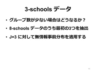 3-schools データ  
•  グループ数が少ない場合はどうなるか？
•  8-schools データのうち最初の3つを抽出
•  J=3 に対して無情報事前分布を適⽤用する
41
 
