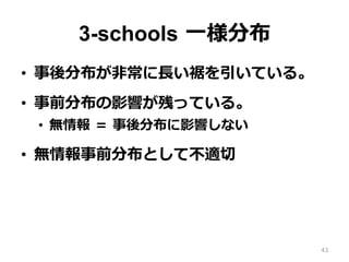3-schools  ⼀一様分布
•  事後分布が⾮非常に⻑⾧長い裾を引いている。
•  事前分布の影響が残っている。
•  無情報  ＝  事後分布に影響しない
•  無情報事前分布として不不適切切
43
 