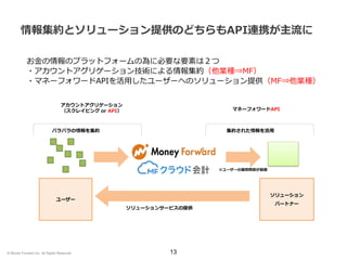 13
ソリューション
パートナー
ユーザー
バラバラの情報を集約 集約された情報を活用
ソリューションサービスの提供
※ユーザーの個別同意が前提
アカウントアグリゲーション
（スクレイピング or API） マネーフォワードAPI
お金の情報のプラットフォームの為に必要な要素は２つ
・アカウントアグリゲーション技術による情報集約（他業種⇒MF）
・マネーフォワードAPIを活用したユーザーへのソリューション提供（MF⇒他業種）
情報集約とソリューション提供のどちらもAPI連携が主流に
© Money Forward Inc. All Rights Reserved
 