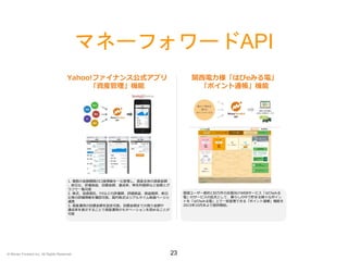 マネーフォワードAPI
23
1. 複数の金融機関の口座情報を一元管理し、資産全体の資産総額
、前日比、評価損益、目標金額、達成率、時系列推移など金額とグ
ラフで一覧可能
2. 株式、投資信託、FXなどの評価額、評価損益、損益推移、前日
比等の詳細情報を確認可能。国内株式はリアルタイム株価ページと
連携
3. 資産運用の目標金額を設定可能。目標金額までの残り金額や
達成率を表示することで資産運用のモチベーションを高めることが
可能
登録ユーザー数約130万件の会員向けWEBサービス「はぴeみる
電」のサービスの拡充として、暮らしの中で貯まる様々なポイン
トを「はぴeみる電」上で一括管理できる「ポイント通帳」機能を
2015年10月末より提供開始。
Yahoo!ファイナンス公式アプリ
「資産管理」機能
関西電力様「はぴeみる電」
「ポイント通帳」機能
© Money Forward Inc. All Rights Reserved
 