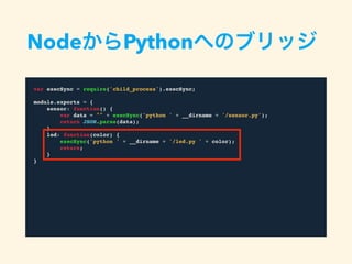 var execSync = require('child_process').execSync;
module.exports = {
sensor: function() {
var data = "" + execSync('python ' + __dirname + '/sensor.py');
return JSON.parse(data);
},
led: function(color) {
execSync('python ' + __dirname + '/led.py ' + color);
return;
}
}
NodeからPythonへのブリッジ
 