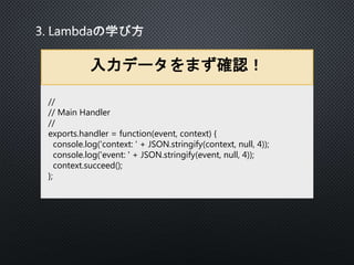1. Amazon Lambdaとは
2. クラメソ オペ部での導入事例
3. Lambdaの学び方
4. 今後について
 