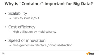 20
Why is "Container" important for Big Data?
• Scalability
– Easy to scale in/out
• Cost efficiency
– High utilization by multi-tenancy
• Speed of innovation
– Fine-grained architecture / Good abstraction
 