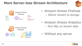 24
More Server-less Stream Architecture
• Amazon Kinesis Firehose
– Deliver stream to storage
• Amazon Kinesis Analytics
– Run SQL on stream data
• Without any server
Amazon Kinesis
Analytics
Amazon Kinesis
Firehose
 