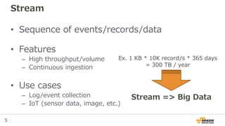 5
Stream
• Sequence of events/records/data
• Features
– High throughput/volume
– Continuous ingestion
• Use cases
– Log/event collection
– IoT (sensor data, image, etc.)
Ex. 1 KB * 10K record/s * 365 days
= 300 TB / year
Stream => Big Data
 