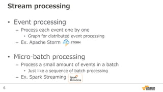 6
Stream processing
• Event processing
– Process each event one by one
• Graph for distributed event processing
– Ex. Apache Storm
• Micro-batch processing
– Process a small amount of events in a batch
• Just like a sequence of batch processing
– Ex. Spark Streaming
 