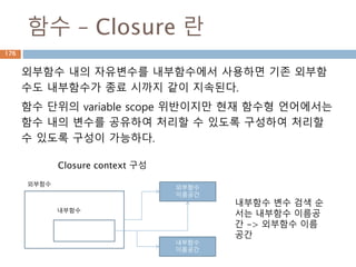 함수 – Closure 란
외부함수 내의 자유변수를 내부함수에서 사용하면 기존 외부함
수도 내부함수가 종료 시까지 같이 지속된다.
함수 단위의 variable scope 위반이지만 현재 함수형 언어에서는
함수 내의 변수를 공유하여 처리할 수 있도록 구성하여 처리할
수 있도록 구성이 가능하다.
외부함수
내부함수
외부함수
이름공간
내부함수
이름공간
Closure context 구성
내부함수 변수 검색 순
서는 내부함수 이름공
간 -> 외부함수 이름
공간
176
 