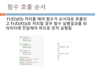 함수 호출 순서
f1(f2)(f3) 처리를 해야 함수가 순서대로 호출되
고 f1(f2(f3))로 처리할 경우 함수 실행결과를 파
라미터에 전달해야 하므로 먼저 실행됨
184
 