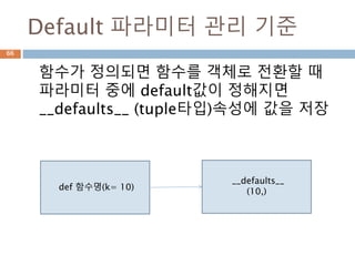 Default 파라미터 관리 기준
함수가 정의되면 함수를 객체로 전환할 때
파라미터 중에 default값이 정해지면
__defaults__ (tuple타입)속성에 값을 저장
def 함수명(k= 10)
__defaults__
(10,)
66
 