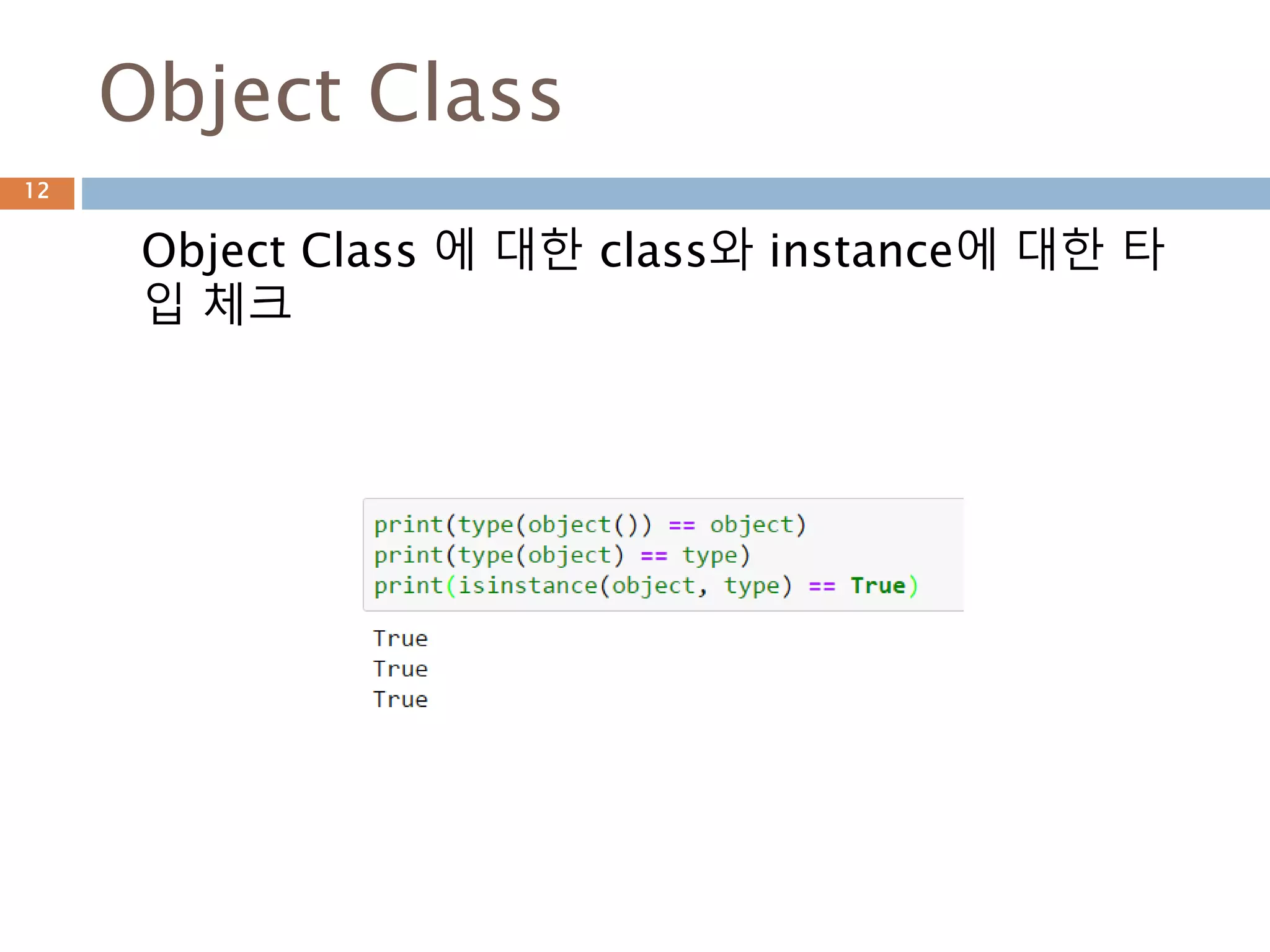 Object Class
Object Class 에 대한 class와 instance에 대한 타
입 체크
12
 