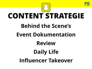 CONTENT STRATEGIE
Behind the Scene’s
Event Dokumentation
Review
Daily Life
Inﬂuencer Takeover
 