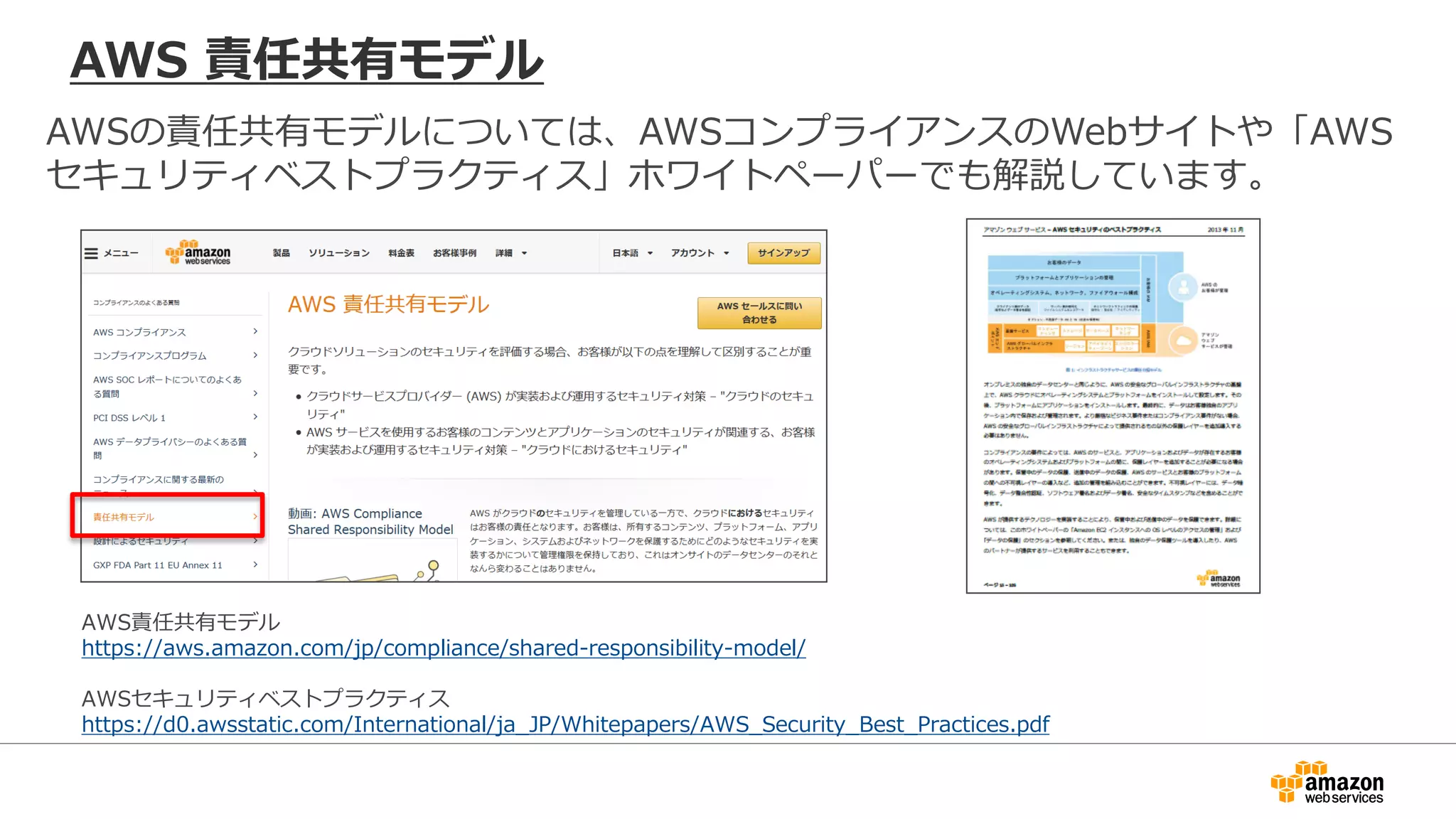 AWS 責任共有モデル
AWS責任共有モデル
https://aws.amazon.com/jp/compliance/shared-responsibility-model/
AWSセキュリティベストプラクティス
https://d0.awsstatic.com/International/ja_JP/Whitepapers/AWS_Security_Best_Practices.pdf
AWSの責任共有モデルについては、AWSコンプライアンスのWebサイトや「AWS
セキュリティベストプラクティス」ホワイトペーパーでも解説しています。
 