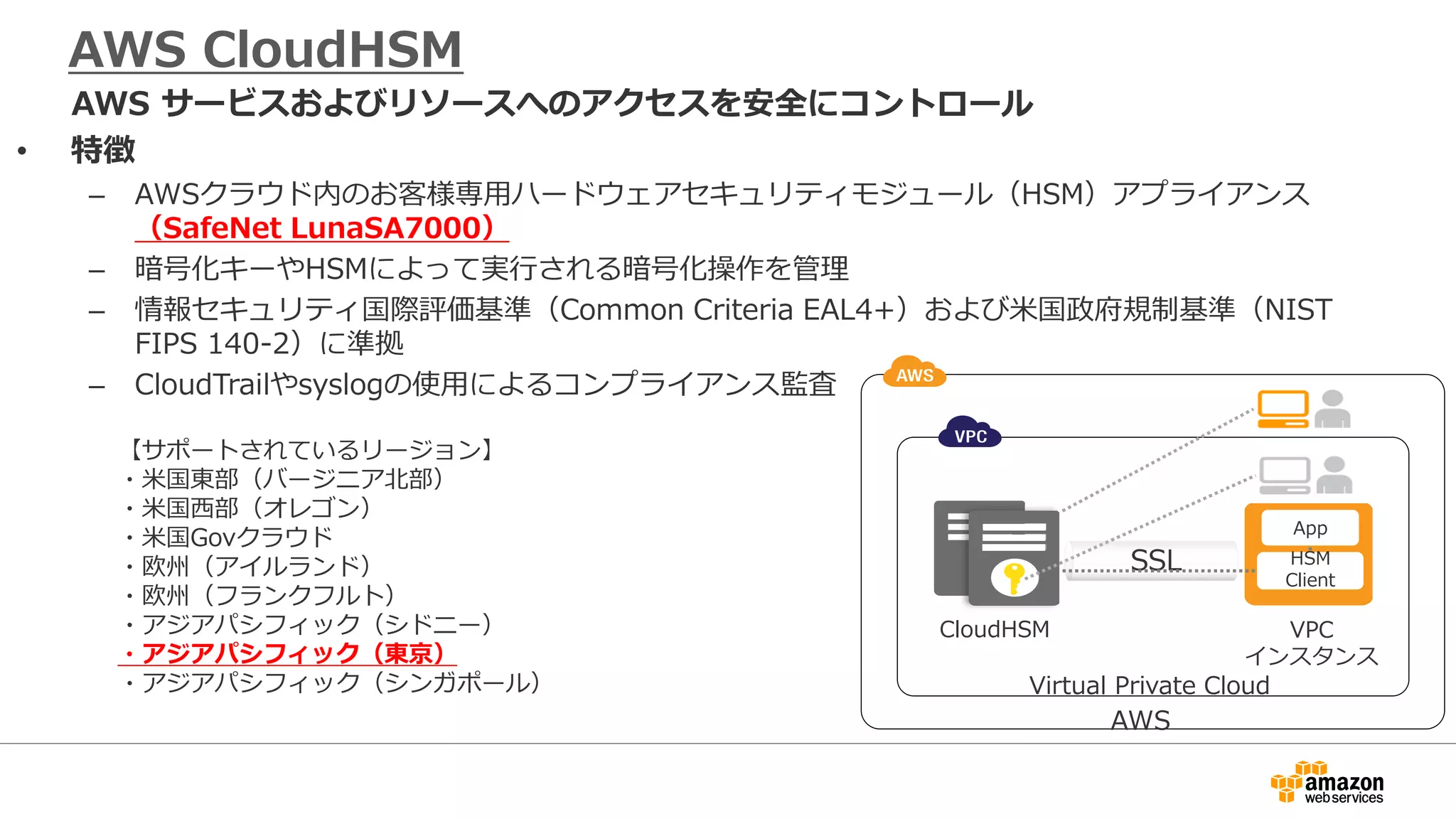 AWS CloudHSM
• 特徴
– AWSクラウド内のお客様専用ハードウェアセキュリティモジュール（HSM）アプライアンス
（SafeNet LunaSA7000）
– 暗号化キーやHSMによって実行される暗号化操作を管理
– 情報セキュリティ国際評価基準（Common Criteria EAL4+）および米国政府規制基準（NIST
FIPS 140-2）に準拠
– CloudTrailやsyslogの使用によるコンプライアンス監査
AWS サービスおよびリソースへのアクセスを安全にコントロール
AWS
Virtual Private Cloud
CloudHSM VPC
インスタンス
SSL
App
HSM
Client
【サポートされているリージョン】
・米国東部（バージニア北部）
・米国西部（オレゴン）
・米国Govクラウド
・欧州（アイルランド）
・欧州（フランクフルト）
・アジアパシフィック（シドニー）
・アジアパシフィック（東京）
・アジアパシフィック（シンガポール）
 