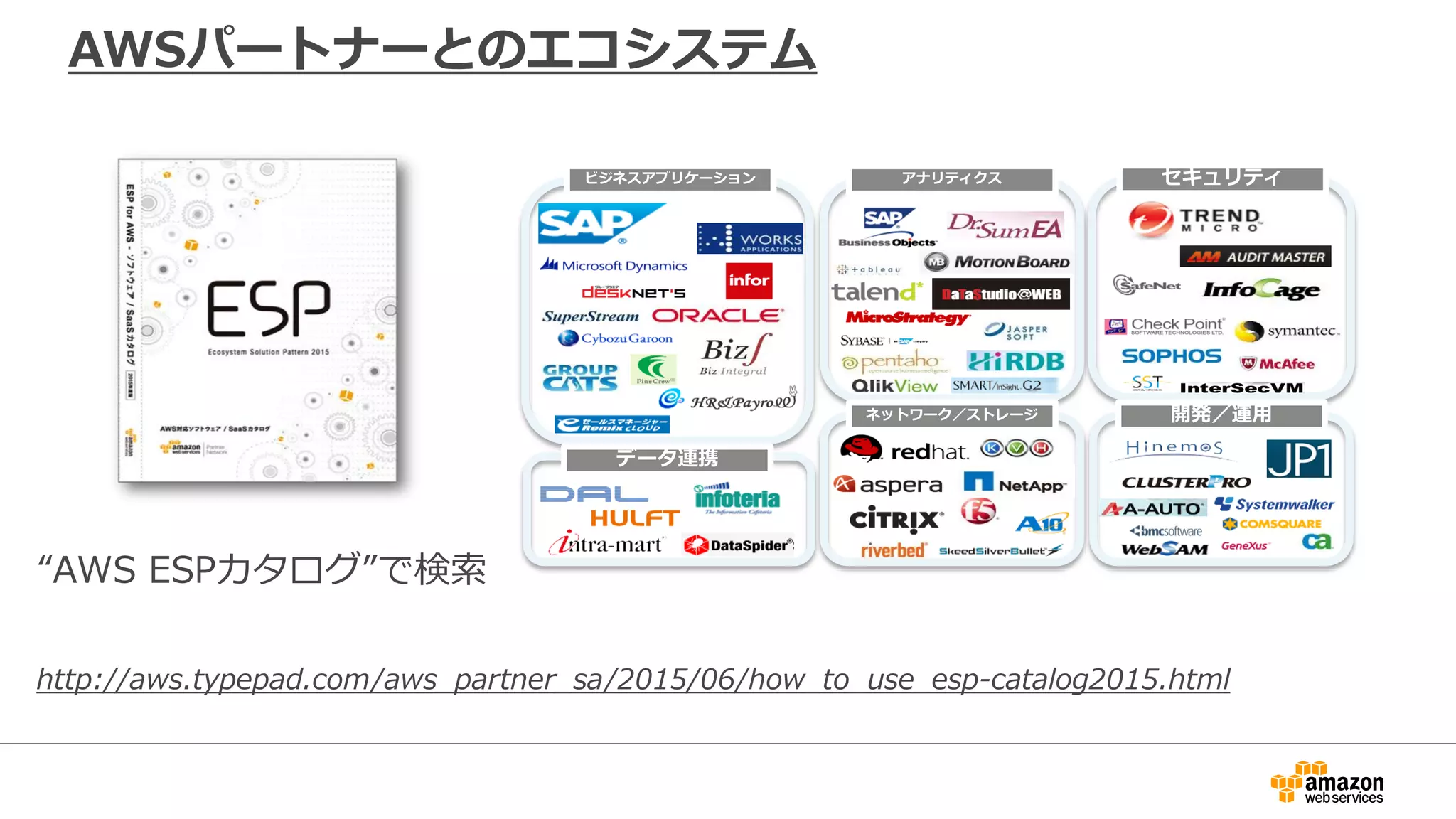 http://aws.typepad.com/aws_partner_sa/2015/06/how_to_use_esp-catalog2015.html
AWSパートナーとのエコシステム
ビジネスアプリケーション アナリティクス セキュリティ
データ連携
ネットワーク／ストレージ 開発／運用
“AWS ESPカタログ”で検索
 