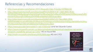 Referencias y Recomendaciones
• http://www.amazon.com/Server-2012-Alwayson-Joes-Pros/dp/1939666236
• http://download.microsoft.com/download/D/2/0/D20E1C5F-72EA-4505-9F26-
FEF9550EFD44/Building%20a%20High%20Availability%20and%20Disaster%20Recovery%20S
olution%20using%20AlwaysOn%20Availability%20Groups.docx
• http://download.microsoft.com/download/d/2/0/d20e1c5f-72ea-4505-9f26-
fef9550efd44/microsoft%20sql%20server%20alwayson%20solutions%20guide%20for%20hig
h%20availability%20and%20disaster%20recovery.docx
• https://www.youtube.com/watch?v=ed-h7JhEwUo canal de Eduardo Castro
• https://azure.microsoft.com/en-us/documentation/articles/virtual-machines-sql-server-
alwayson-availability-groups-gui-arm/ AG en Azure RM
• http://msdn.microsoft.com/library/hh923056.aspx AG con 2 FCI
35
 