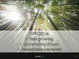 orcid.org 10
ORCID is
• fast-growing
• community-driven
• researcher-centered
 