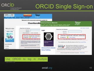 orcid.org 18
ORCID Single Sign-on
Use ORCID to log in multiple
systems
 