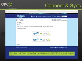 Connect & Sync
Connect & Sync member profiles with ORCID for their latest
info
 