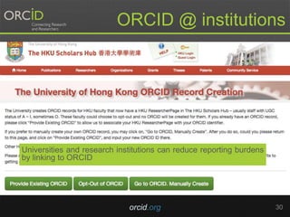 orcid.org 30
ORCID @ institutions
Universities and research institutions can reduce reporting burdens
by linking to ORCID
 