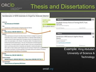 orcid.org
Thesis and Dissertations
Example: King Abdullah
University of Science &
Technology
 