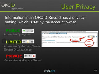 User Privacy
Information in an ORCID Record has a privacy
setting, which is set by the account owner
Accessible by anyone
Accessible by Account Owner,
Trusted Organization(s)
Accessible by Account Owner
orcid.org 40
 