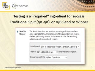 13
Testing is a “required” ingredient for success
Traditional Split (50 -50) or A/B Send to Winner