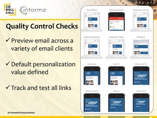 17
Quality Control Checks
Preview email across a
variety of email clients
Default personalization
value defined
Track and test all links