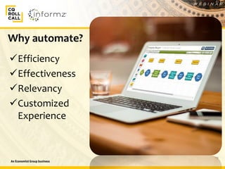 19
Why automate?
Efficiency
Effectiveness
Relevancy
Customized
Experience
