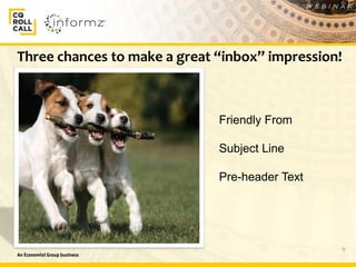6
Three chances to make a great “inbox” impression!
Friendly From
Subject Line
Pre-header Text