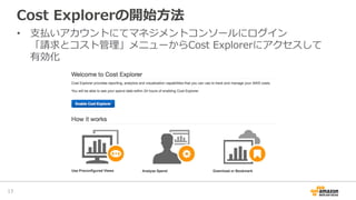 Cost  Explorerの開始⽅方法
17	
•  ⽀支払いアカウントにてマネジメントコンソールにログイン
「請求とコスト管理理」メニューからCost  Explorerにアクセスして
有効化
 