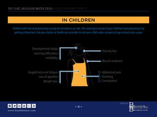www.buckﬁrelaw.com
www.buckﬁrelaw.comwww.buckﬁrelaw.com
Courtesy of:
• 18 •
THE FLINT, MICHIGAN WATER CRISIS - LEAD EXPOSURE EFFECTS
IN CHILDREN
Developmental delay
Learning difﬁculties
Irritability
Loss of appetite
Weight loss
Sluggishness and fatigue Abdominal pain
Vomiting
Constipation
Hearing loss
Children with low lead poisoning usually do not look or act sick. The only way to know if your child has lead poisoning is by
getting a blood test. Ask your doctor or health care provider to test your child under six years of age at least once a year.
Muscle weakness
 