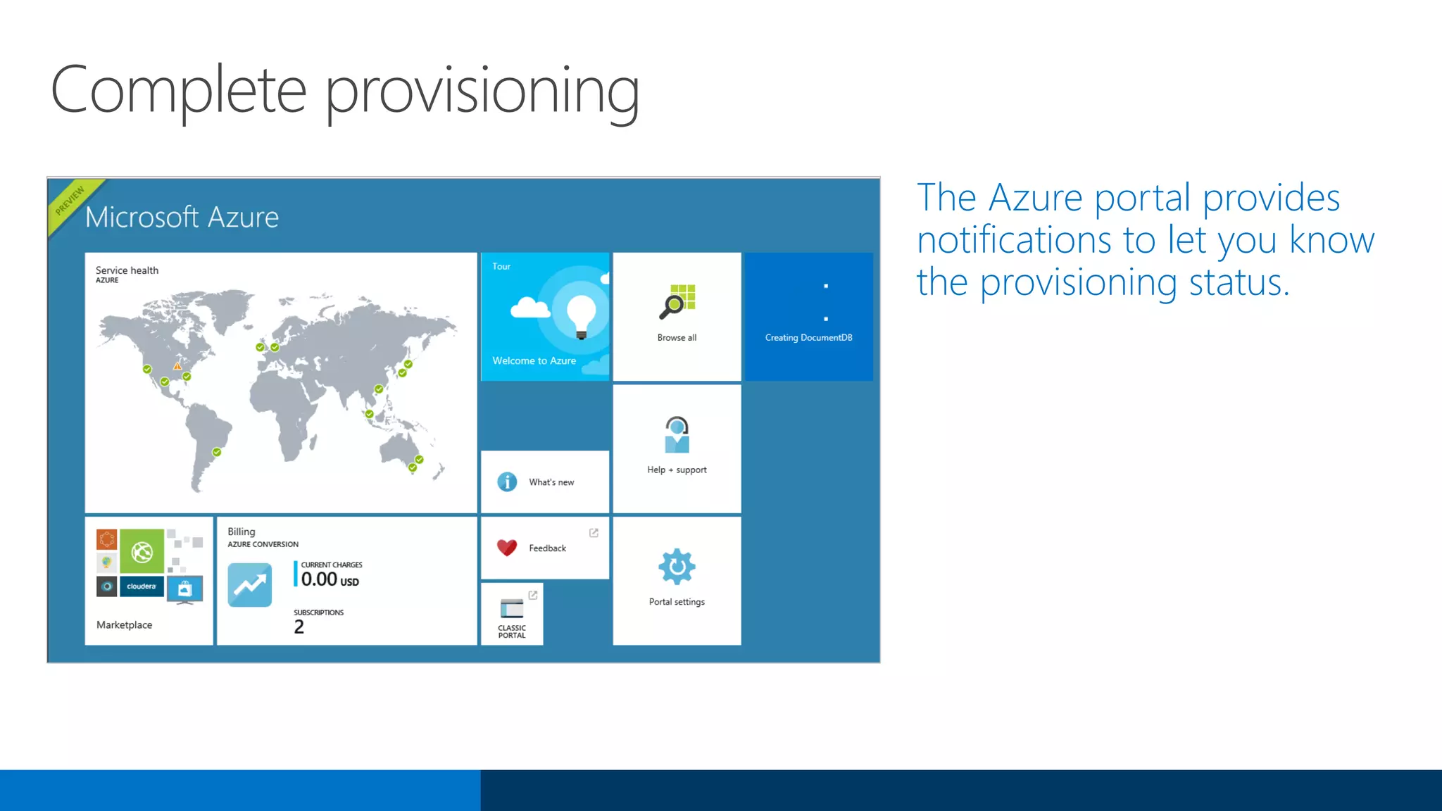 Complete provisioning
The Azure portal provides
notifications to let you know
the provisioning status.
 
