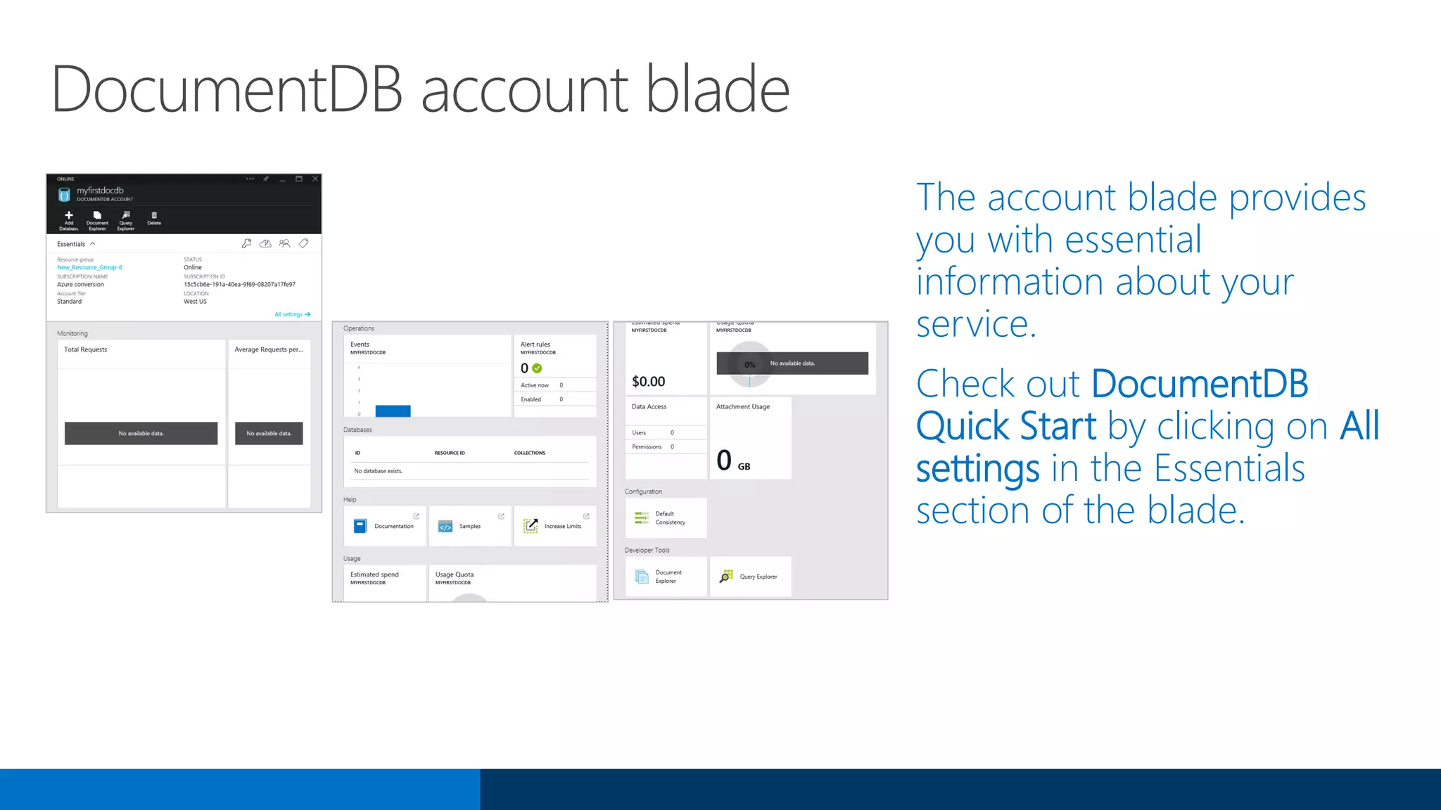 DocumentDB account blade
The account blade provides
you with essential
information about your
service.
Check out DocumentDB
Quick Start by clicking on All
settings in the Essentials
section of the blade.
 