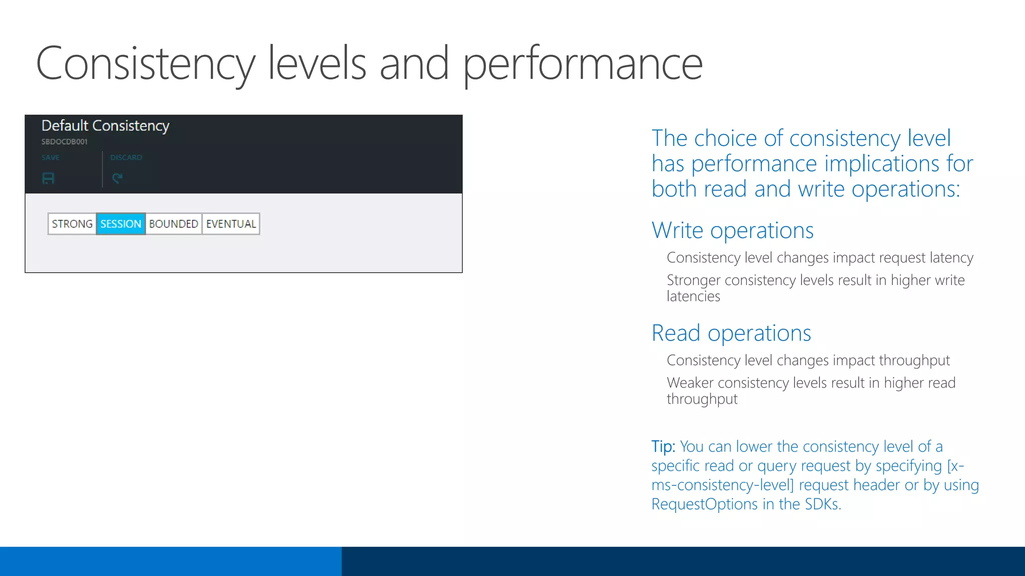 The choice of consistency level
has performance implications for
both read and write operations:
Write operations
Consistency level changes impact request latency
Stronger consistency levels result in higher write
latencies
Read operations
Consistency level changes impact throughput
Weaker consistency levels result in higher read
throughput
Tip: You can lower the consistency level of a
specific read or query request by specifying [x-
ms-consistency-level] request header or by using
RequestOptions in the SDKs.
Consistency levels and performance
 