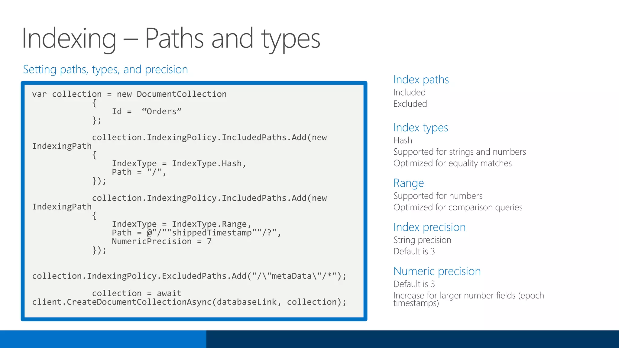 Setting paths, types, and precision
var collection = new DocumentCollection
{
Id = “Orders”
};
collection.IndexingPolicy.IncludedPaths.Add(new
IndexingPath
{
IndexType = IndexType.Hash,
Path = "/",
});
collection.IndexingPolicy.IncludedPaths.Add(new
IndexingPath
{
IndexType = IndexType.Range,
Path = @"/""shippedTimestamp""/?",
NumericPrecision = 7
});
collection.IndexingPolicy.ExcludedPaths.Add("/"metaData"/*");
collection = await
client.CreateDocumentCollectionAsync(databaseLink, collection);
Index paths
Included
Excluded
Index types
Hash
Supported for strings and numbers
Optimized for equality matches
Range
Supported for numbers
Optimized for comparison queries
Index precision
String precision
Default is 3
Numeric precision
Default is 3
Increase for larger number fields (epoch
timestamps)
Indexing – Paths and types
 