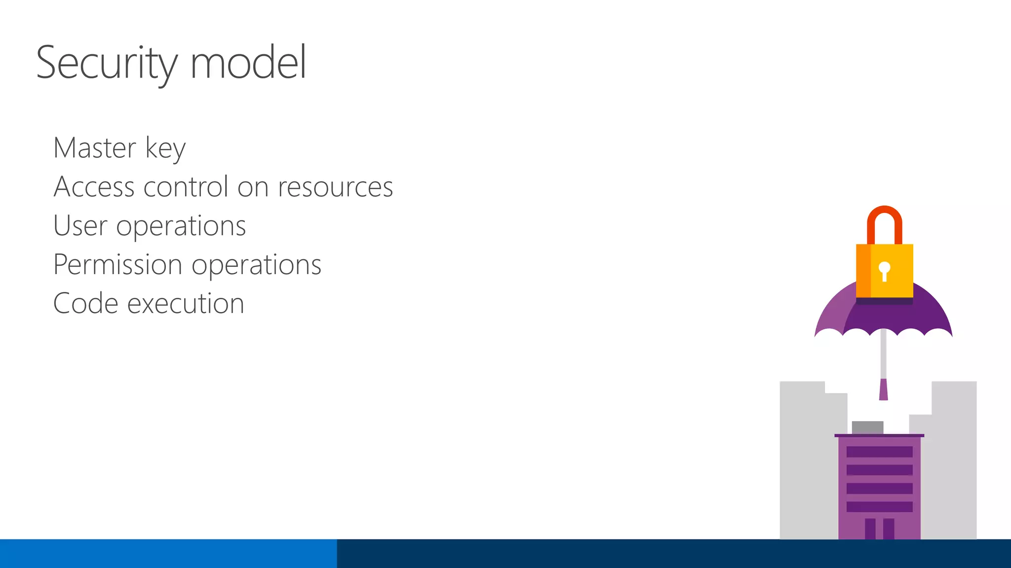 Security model
Master key
Access control on resources
User operations
Permission operations
Code execution
 