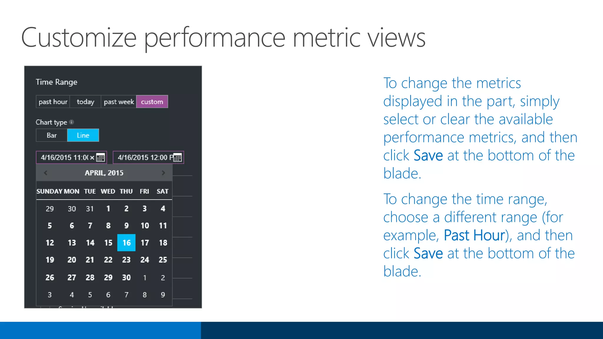 Customize performance metric views
To change the metrics
displayed in the part, simply
select or clear the available
performance metrics, and then
click Save at the bottom of the
blade.
To change the time range,
choose a different range (for
example, Past Hour), and then
click Save at the bottom of the
blade.
 
